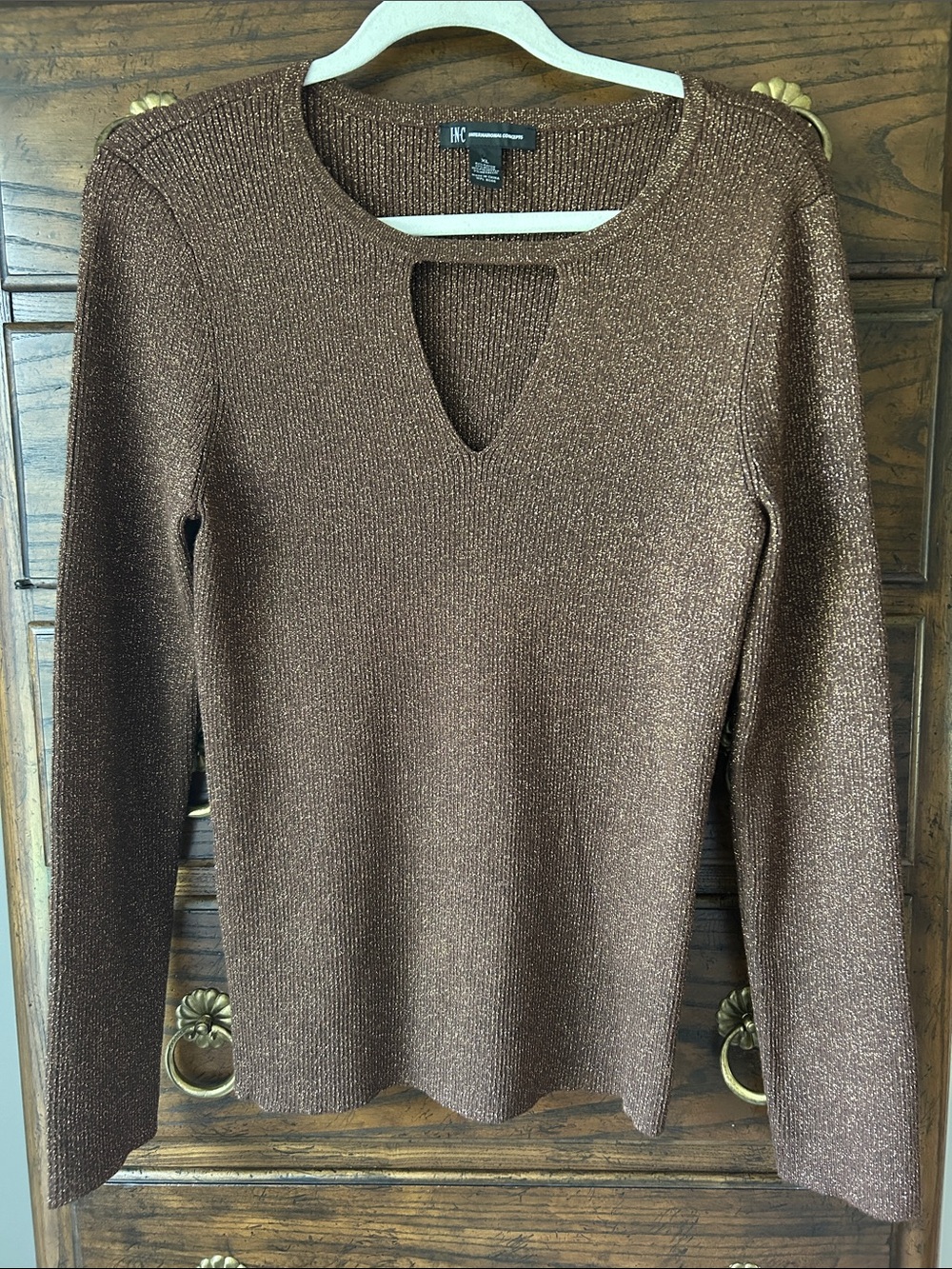 INC International Concepts Metallic Brown V-Neck Keyhole Sweater, Size XL
